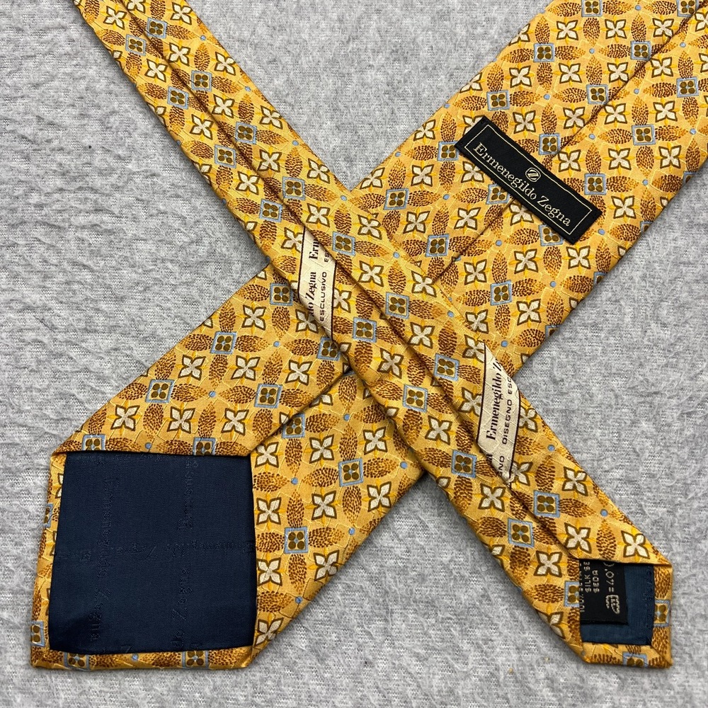 Ermenegildo Zegna Tie Gold Orange Geometric Floral 100% Silk Made in Italy‎